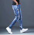 Slim Fit Korean Streetwear Graphical Printed Luxury Hip-Hop Stretch Denim Jeans for Men - Perfect Medium Wash Jeans Outfit